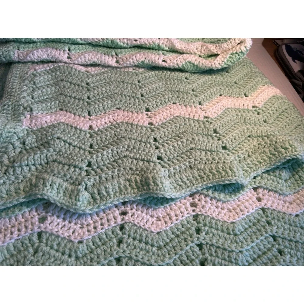 Handmade Afghan Blanket Throw Chevron Stripe Turquoise & White Decor Baby Modern